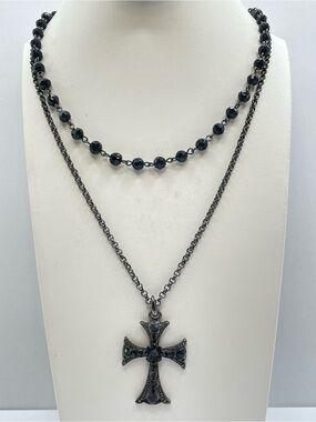 Gunmetal Black Crystal Cross Layered Necklace Gothic Statement